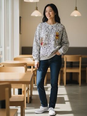 Disney Gray Winnie the Pooh Sketch Crewneck with Red Accent